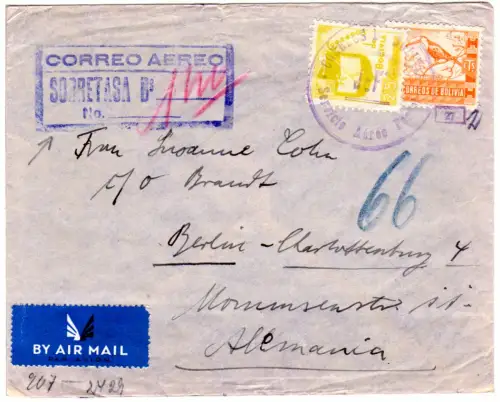 Bolivien 1940, 90+25 C. auf Brief n. Deutschland m. Luftpost Sobretasa-Stempel