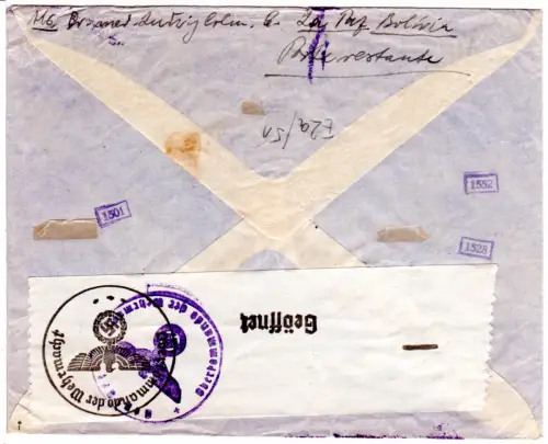 Bolivien 1940, 90+25 C. auf Brief n. Deutschland m. Luftpost Sobretasa-Stempel