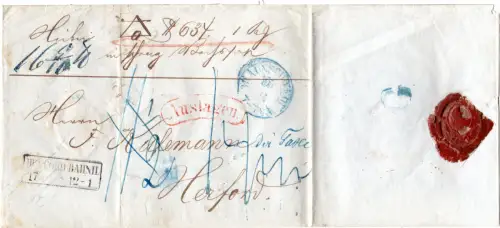 Braunschweig 1855, Nachnahme-Paketbrief m. rot AUSLAGEN n. Herford in Preussen