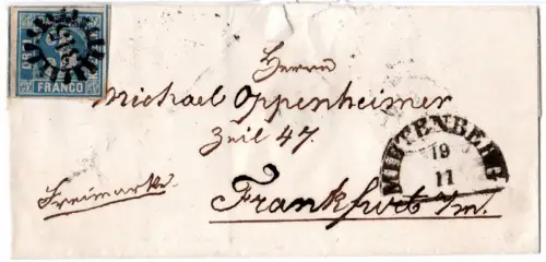 Bayern, MR 315 Miltenberg auf Brief m. breitrandiger 3 Kr.  n. Frankfurt