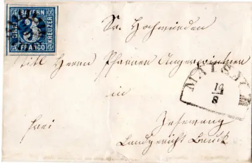 Bayern, MR 297 Maisach auf Brief m. breitrandiger 3 Kr. n. Jesenwang.