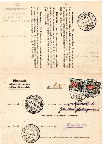 Schweiz 1933, Paar 10 C. Porto auf Formular Unbestellbarkeitsmeldung 