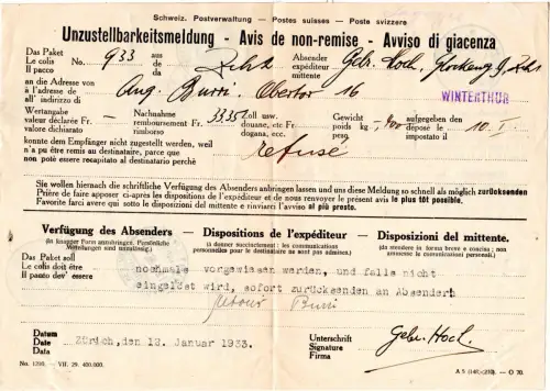 Schweiz 1933, Paar 10 C. Porto auf Formular Unbestellbarkeitsmeldung 