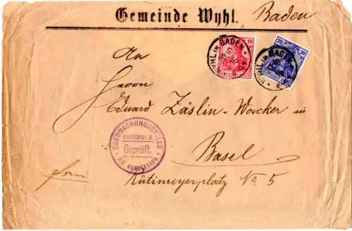 DR 1915, 10+20 Pf. als selt. Grenzrayon-Frankatur auf Brief v. Wyhl i.d. Schweiz