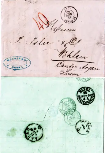 Frankreich 1860, Brief v. Le Havre m. rotem Schweiz Porto Stempel "40" 