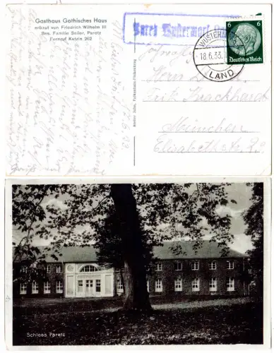 DR 1933, Landpost Stpl. PARETZ WUSTERMARK LAND auf sw-AK m. 6 Pf. 