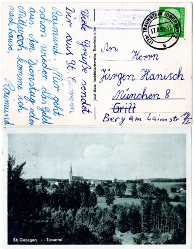 BRD 1957, Landpost Stpl. 13b St. GEORGEN über Traunstein auf sw-AK m. 10 Pf. 