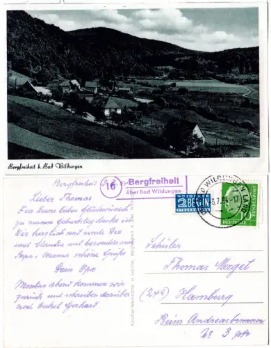 BRD 1954, Landpost Stpl. 16 BERGFREIHEIT über Bad Wildungen auf sw-AK m. 10 Pf. 