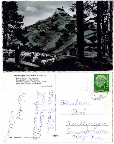 BRD 1957, Landpost Stpl. 14b WURMLINGEN über Rottenburg auf sw-AK m. 10 Pf. 