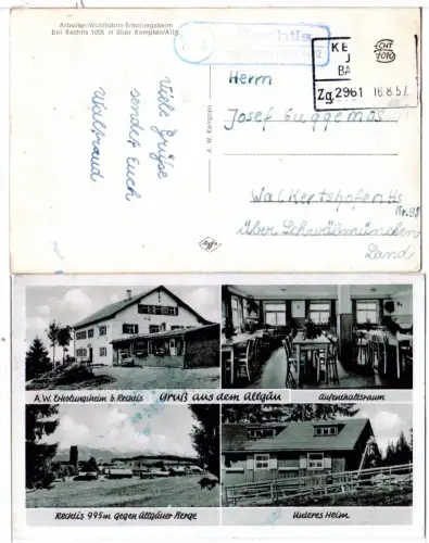 BRD 1957, Landpost Stpl. 14b RECHTIS über Kempten (Allgäu 2) auf sw-AK m. 10 Pf 