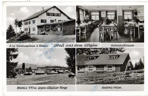 BRD 1957, Landpost Stpl. 14b RECHTIS über Kempten (Allgäu 2) auf sw-AK m. 10 Pf 