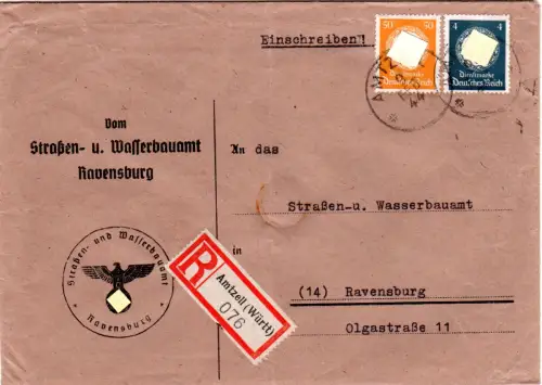 DR 1944, 50+4 Pf. Dienst auf Einschreiben Brief v. Amtzell