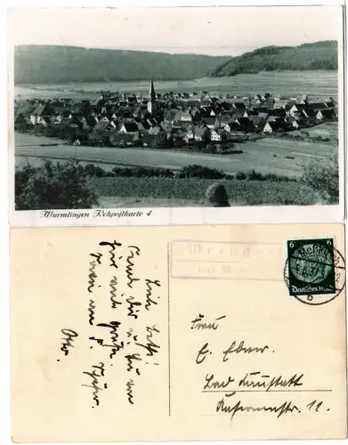 DR 1937, Landpost Stpl. WORNDORF über Meßkirch auf Wurmlingen-AK m. 6 Pf. 