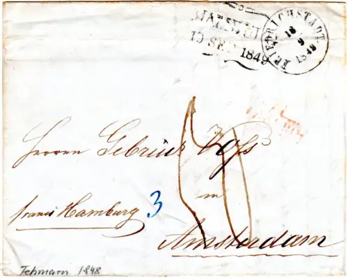 Schleswig-Holstein 1849, K1 Friedrichstadt auf Brief via Hamburg i.d. NL