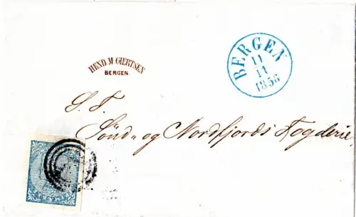 Norwegen 1856, breitrandige 4 Sk. auf Brief m. Nr.-Stpl. 25 u. blauem K1 Bergen