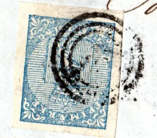 Norwegen 1856, breitrandige 4 Sk. auf Brief m. Nr.-Stpl. 25 u. blauem K1 Bergen