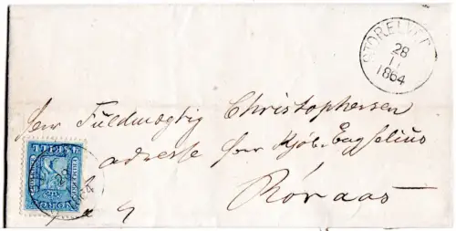 Norwegen 1864, K1 Storelvedalen auf kl. Brief m. 4 Sk.