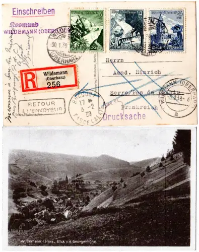 DR 1939, 25+6+4 Pf. WHW auf Einschreiben Karte v. Wildemann n. Frankreich