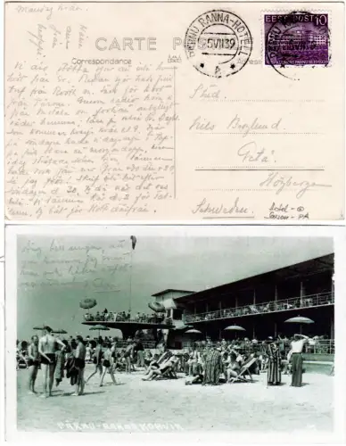 Estland 1939, 10 S. auf Hotel-Strand-AK n. Schweden m. Stpl. Pärnu Ranna-Hotell