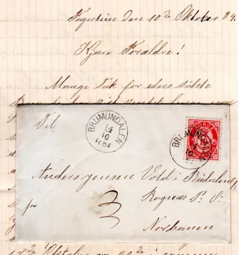 Norwegen 1884, 10 öre auf Brief m. kpl. Inhalt u. klarem K1 Brummundalen