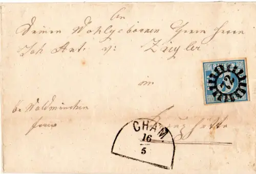 Bayern 1862, MR 72 Cham klar auf Brief m. breitrandiger 3 Kr. n. Kreuzhütte
