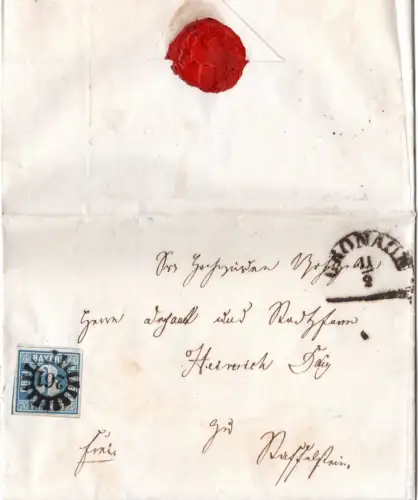 Bayern 1860, MR 261 Cronach klar auf Brief v. Zeyern m. breitrandiger 3 Kr.
