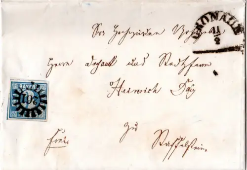 Bayern 1860, MR 261 Cronach klar auf Brief v. Zeyern m. breitrandiger 3 Kr.