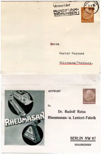 DR 1935, gebr. 3+3 Pf. Privatganzsache-Klappkarte Rheumasan m. Abb.
