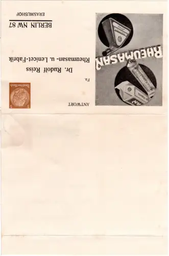 DR 1935, gebr. 3+3 Pf. Privatganzsache-Klappkarte Rheumasan m. Abb.
