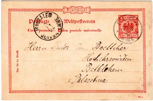 DR 1892, 10 Pf. Ganzsache v. K1 Plön n. Bethlehem Palestina