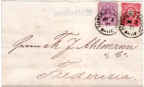 DR 1877, 5+10 Pfge., moderiertes Dänemark-Porto auf Brief Flensburg - Fredericia