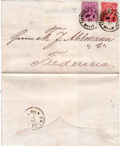 DR 1877, 5+10 Pfge., moderiertes Dänemark-Porto auf Brief Flensburg - Fredericia