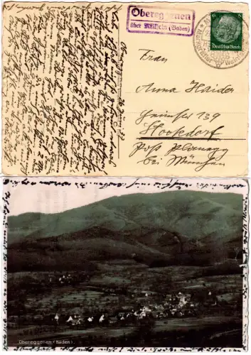 DR 1937, Landpost Stpl. OBEREGGENEN über Müllheim (Baden) auf sw-AK m. 6 Pf. 