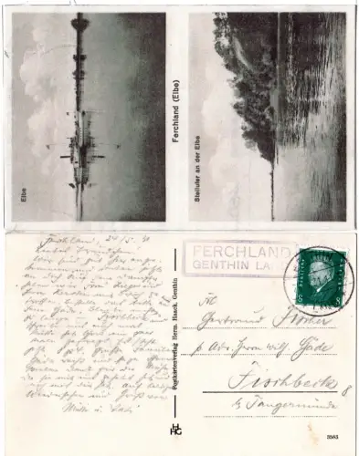DR 1931, Landpost Stpl. FERCHLAND Genthin Land auf sw-AK m. Dampfer u. 6 Pf. 