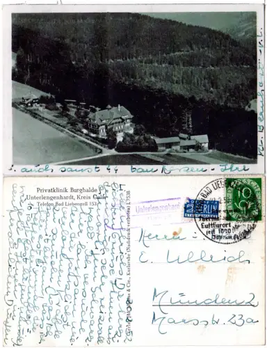 BRD 1952, Landpost Stpl. 14b UNTERLENGENHARDT über Bad Liebenzell auf sw-AK 