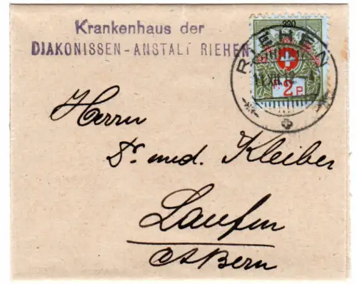 Schweiz 1912, 2 C. Portofreiheitsmarke (220) auf kl. Streifband v. Riehen
