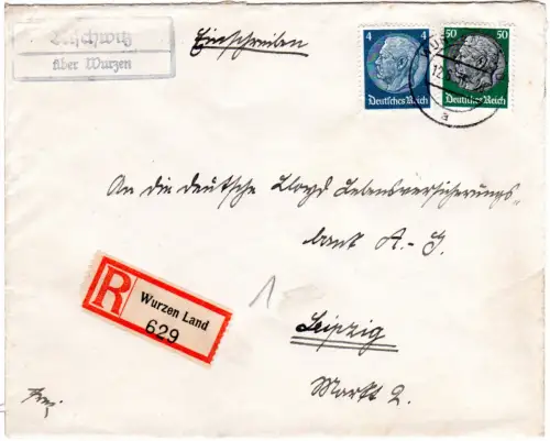 DR 1936, Landpoststpl. Nischwitz über Wurzen auf Einschreiben Brief m. 50+4 Pf.