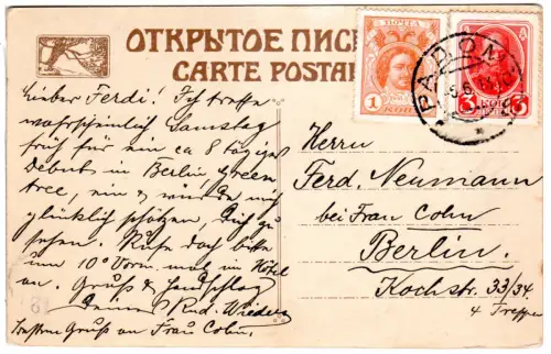 Russland Polen 1913, 1+3 Kop. Romanov auf Karte v. Radom n. Berlin