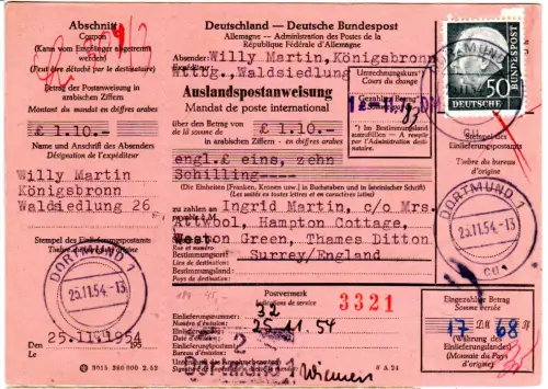 BRD 1954, EF 50 Pf. Heuss auf Auslandspostanweisung v. Dortmund n. Surrey GB