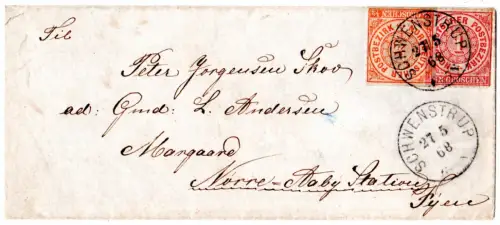 NDP 1868, nachverw Schleswig-Holstein-K1 Schwenstrup auf Brief m. 1/2+1 Gr n. DK