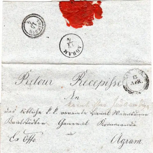 Lombardei Venetien 1850, Zier-K2 Mantova auf Retour Rezepisse Brief n. Agram