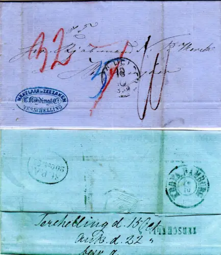 NL 1859, rs. L1 Terschelling u. vs. Den Helder auf Porto Brief n. Dänemark