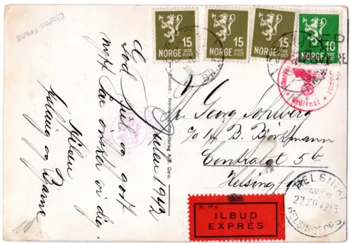 Norwegen 1942, 10+2x15 öre auf Express Zensur Karte v. Oslo n. Finnland.