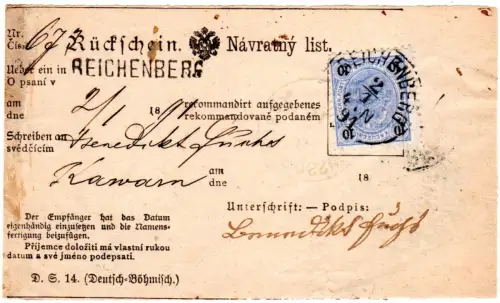 Österreich 1891, 10 Kr. auf Formular Rückschein Böhmen-K1 Reichenberg