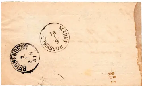 Österreich 1891, 10 Kr. auf Formular Rückschein Böhmen-K1 Reichenberg