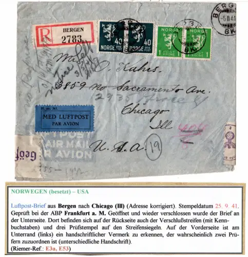 Norwegen 1941, Luftpost Einshreiben Zensur Brief v. Bergen n. USA