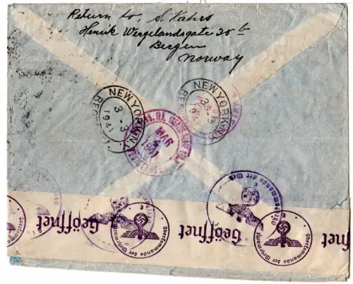 Norwegen 1941, Luftpost Einshreiben Zensur Brief v. Bergen n. USA