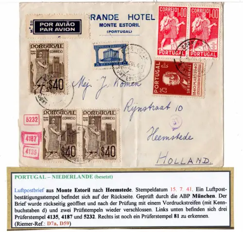 Portugal 1941, Luftpost Zensur Brief v. Monte Estoril i.d. NL