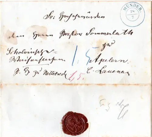 Hannover, K2 Münder auf Brief m. Bestellgebühr n. Apelern b. Lauenau