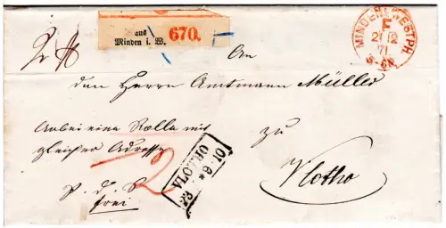 DR 1871, roter Francostpl. Minden Westph. F auf Paketbrief n. Vlotho